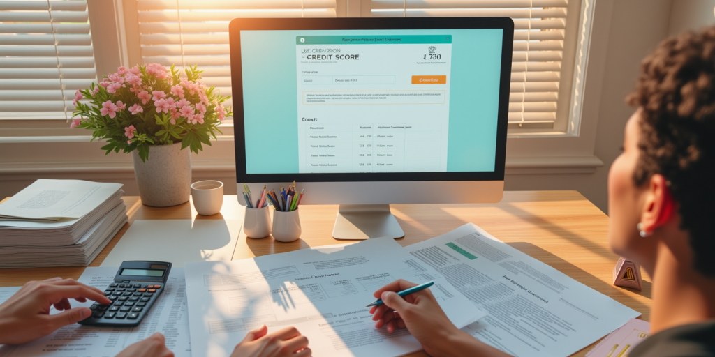Financial document with credit score display on a digital screen, stack of bills and financial papers nearby, calculator and pen on a wooden desk, diverse hands