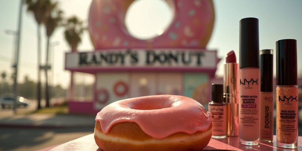 NYX Professional Makeup and Randy's Donuts Inglewood collaboration, Inglewood landmark Randy's Donuts event, limited-edition makeup-inspired donuts in Los Angeles, NYX Buttermelt Glaze Skin Tint launch in Inglewood, free donuts at Randy's Inglewood event, iconic Los Angeles brands partnership, The Scotts takeover at Randy's Donuts Inglewood